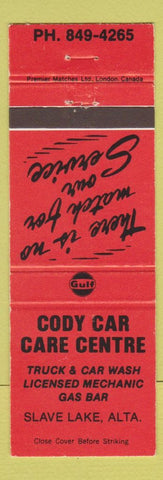 Matchbook Cover - Gulf oil gas Cody Car Care Centre Slave Lake AB #2