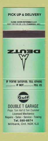 Matchbook Cover - Gulf oil gas Double T Garage Millbank ON