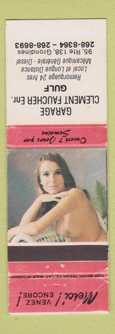 Matchbook Cover - Garage Clement Faucher Gulf oil gas Grondines QC pinup WEAR