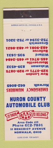 Matchbook Cover - Huron County Auto Club AAA Norwalk OH