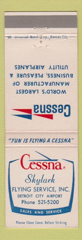 Matchbook Cover - Cessna Airplanes Skylark Flying Service Detroit City