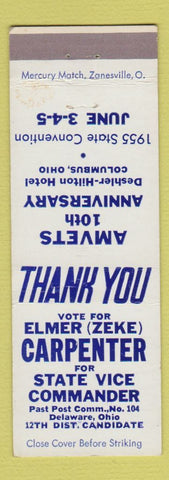 Matchbook Cover - Elmer Zeke Carpenter State Vice Commander AMVETS Columbus OH