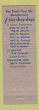 Matchbook Cover - Estee Sleep Shops Chicago La Grange IL Milwaukee WI