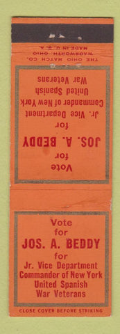 Matchbook Cover - Jos A Beddy Jr Vice Dept Commander NY Spanish War Veterans