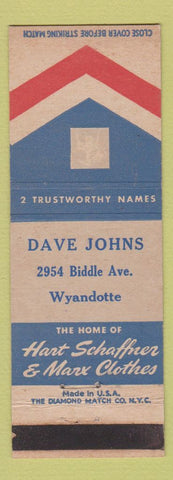 Matchbook Cover - Hart Schaffner Marx Men's Clothes Dave Johns Wyandotte MI