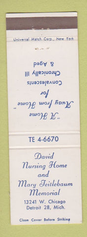 Matchbook Cover - David Nursing Home Mary Teitlebaum Memorial Detroit MI