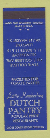 Matchbook Cover - Lottie Kemberling Dutch Pantry Selinsgrove State College PA
