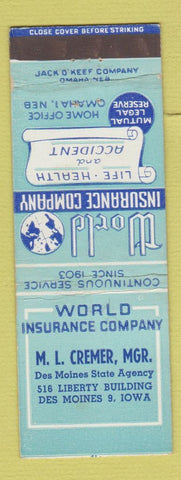 Matchbook Cover - World Insurance ML Cremer Des Moines IA WEAR