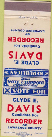 Matchbook Cover - Clyde Davis Recorder Lawrence County