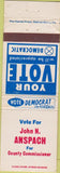 Matchbook Cover - John Anspach County Commissioner Lebanon PA