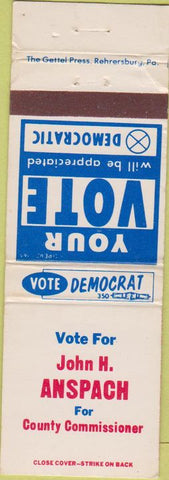 Matchbook Cover - John Anspach County Commissioner Lebanon PA
