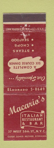 Matchbook Cover - Macario's Italian Restaurant New York City WEAR
