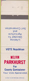 Matchbook Cover - Melvis Parkhurst County Comissioner