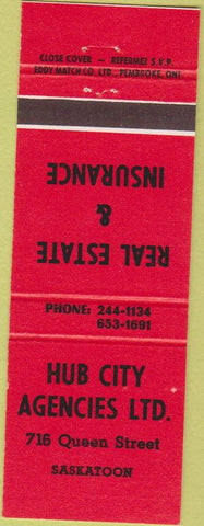 Matchbook Cover - Hub City Agencies Saskatoon SK