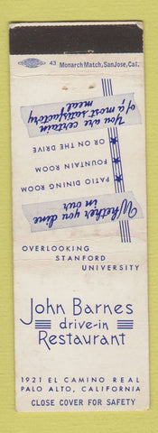 Matchbook Cover - John Barnes Drive In Restaurant Palo Alto CA