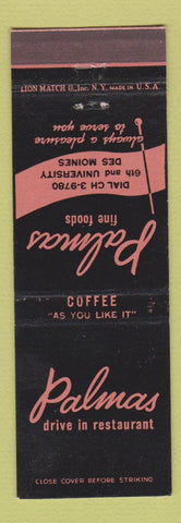 Matchbook Cover - Palmas Drive In Restaurant Des Moines IA