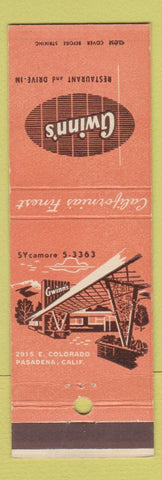 Matchbook Cover - Gwinn's Restaurant Drive In Pasadena CA