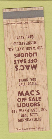 Matchbook Cover - Mac's Off Sale Liquors Minneapolis MN