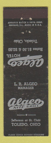 Matchbook Cover - Algeo Hotel Toledo OH ADVANCE