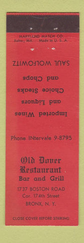 Matchbook Cover - Old Dover Restaurant Bar Grill Bronx NY