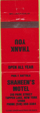 Matchbook Cover - Shanheen's Motel Tupper Lake NY red