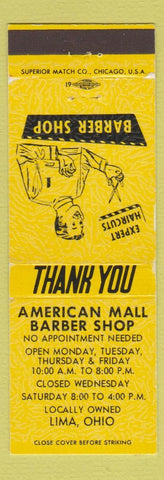 Matchbook Cover - American Mall Barber Shop Lima OH YELLOW