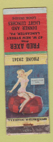 Matchbook Cover - Fred Axer Restaurant Lancaster PA pinup WORN
