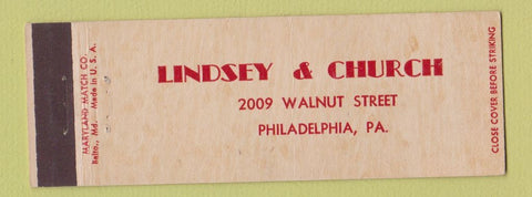 Matchbook Cover - Lindsey and Church Philadelphia PA Full Length