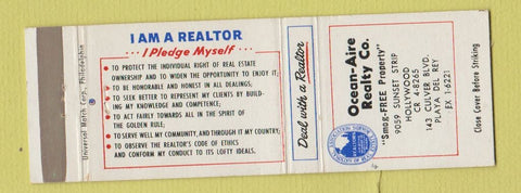 Matchbook Cover - Ocean Aire Real Estate Hollywood Playa Del Rey CA