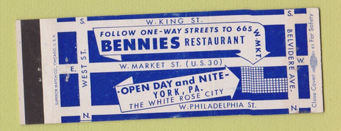 Matchbook Cover - Bennies Restaurant York PA Full Length