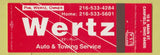 Matchbook Cover - Wertz Auto Towing Service Canfield OH Full Length
