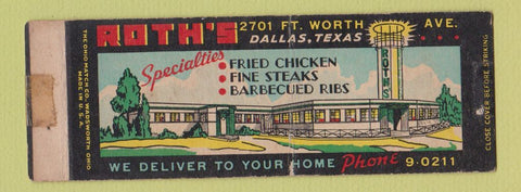 Matchbook Cover - Roth's Restaurant Dallas TX WEAR PRINTING ERROR Full Length