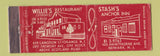 Matchbook Cover - Willie's Restaurant Stash's Anchor Inn Newark NJ Full Length