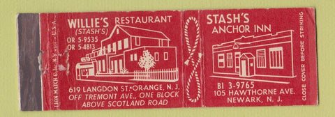 Matchbook Cover - Willie's Restaurant Stash's Anchor Inn Newark NJ Full Length
