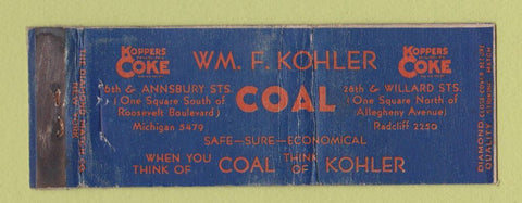Matchbook Cover - Koppers Koke Coal Chicago IL DQ WORN Full Length