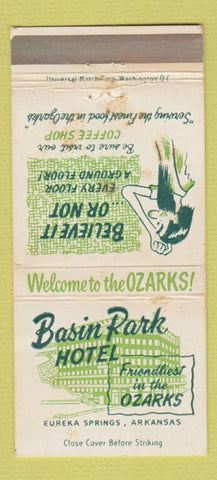 Matchbook Cover - Basin Park Hotel Eureka Springs AR STAINED 30 Strike