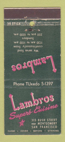 Matchbook Cover - Lambros Restaurant San Francisco CA 30 Stick