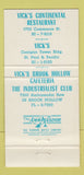Matchbook Cover - Vick's Continental Restaurant Dallas TX 30 Strike