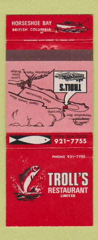 Matchbook Cover - Troll's Restaurant Fish Horseshoe Bay BC WEAR 30 Strike