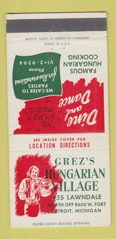 Matchbook Cover - Grez's Hungarian Village Detroit MI 30 Strike
