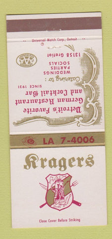 Matchbook Cover - Kragers German Restaurant Detroit MI 30 Strike