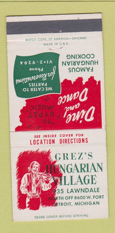 Matchbook Cover - Gretz's Hungarian Village Detroit MI 30 Strike