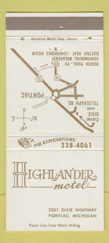 Matchbook Cover - Highlander Motel Pontiac MI 30 Strike