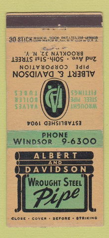 Matchbook Cover - Albert Davidson Wrought Steel Pipe Brooklyn NY 30 Stick