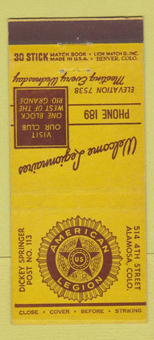 Matchbook Cover - American Legion Alamosa Colorado 30 Stick
