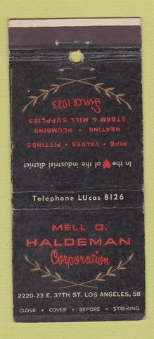 Matchbook Cover - Mell O Haldeman Pipe Valves Los Angeles CA 30 Stick