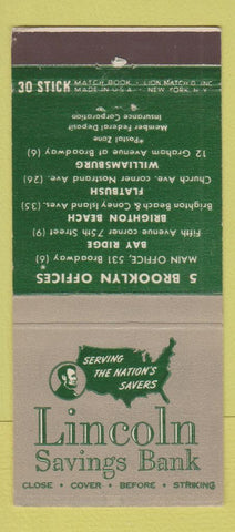 Matchbook Cover - Lincoln Savings Bank Brooklyn NY Abraham 30 Stick