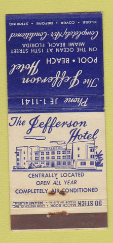 Matchbook Cover - Jefferson Hotel Miami Beach FL 30 Stick