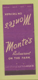 Matchbook Cover - Monte's Restaurant New York City 30 Stick