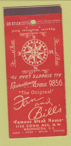 Matchbook Cover - Fan and Bill's Steak House Washington DC 30 Stick